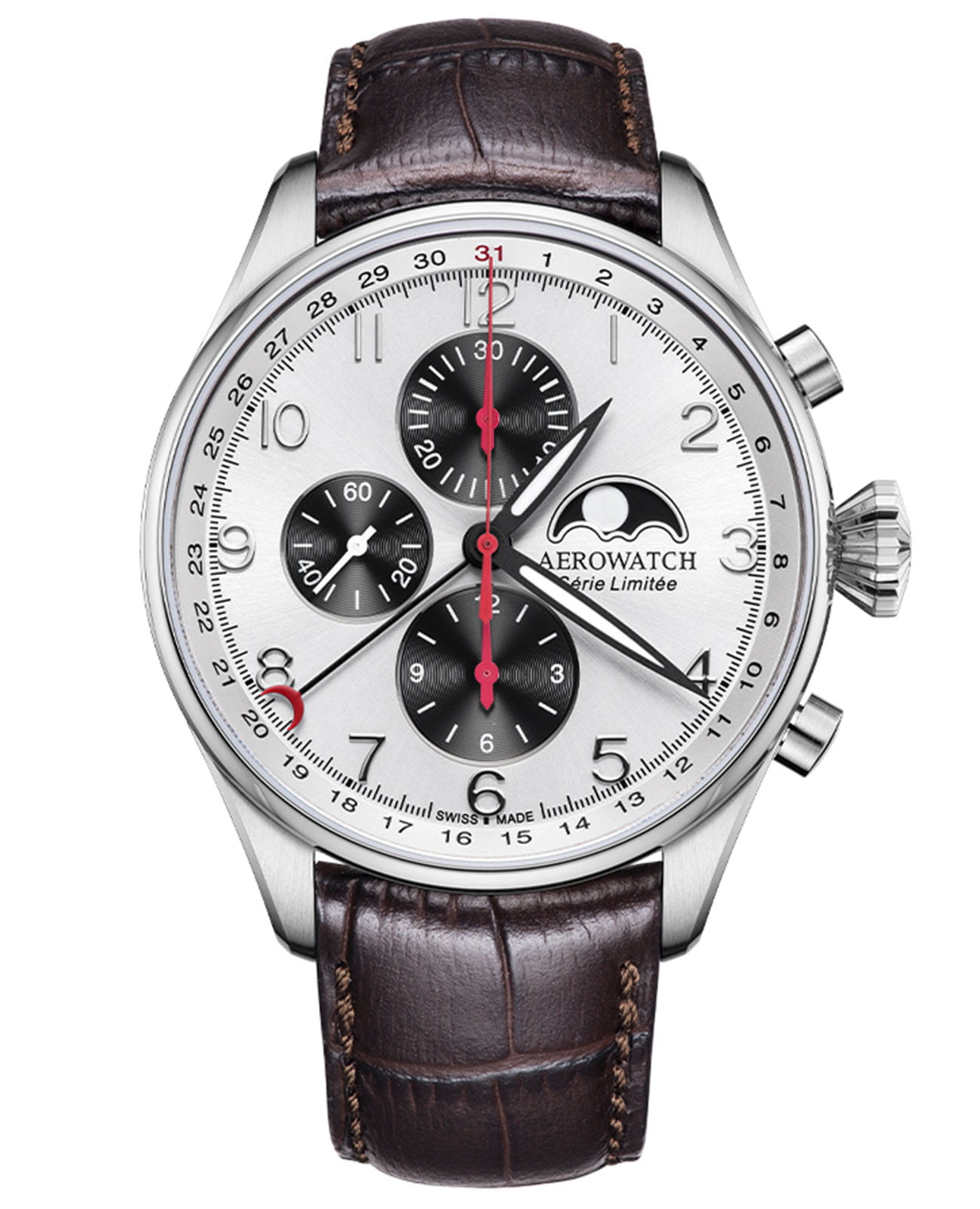 Aerowatch Aerowatch Les Grandes Classiques Chrono Moon Phase Limited Edition 69989 AA04  69989 AA04 механические мужские часы белый циферблат, браслет кожаный — вид спереди